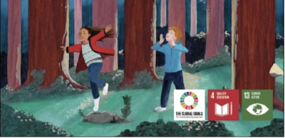 Une partie de la couverture de Finding the Language, montrant les deux enfants qui rencontrent le Corbeau et le Loup et qui leur parlent, afin de trouver comment sauver l’environnement et la langue kwakʼwala. Une partie de la couverture de Finding the Language, montrant les deux enfants qui rencontrent le Corbeau et le Loup et qui leur parlent, afin de trouver comment sauver l’environnement et la langue kwakʼwala.