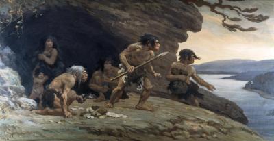 Murale de Charles R. Knight qui représente une famille de Néandertal. (Photo via Wikimedia Commons)