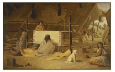 Peinture représentant des Salish de la côte qui utilisent des poils de chien pour tisser. (Paul Cane, avec l’aimable autorisation du Musée royal de l’Ontario via X.) Peinture représentant des Salish de la côte qui utilisent des poils de chien pour tisser. (Paul Cane, avec l’aimable autorisation du Musée royal de l’Ontario via X.)