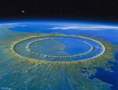 Une image qui montre à quoi pouvait ressembler le cratère Chicxulub, créé par un astéroïde géant tombé près de la côte du Mexique. (Photo : Detlev van Ravenswaay / Science Source via Facebook.) Une image qui montre à quoi pouvait ressembler le cratère Chicxulub, créé par un astéroïde géant tombé près de la côte du Mexique. (Photo : Detlev van Ravenswaay / Science Source via Facebook.)