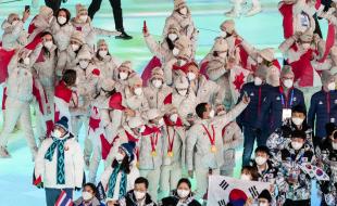 Team Canada arrives at the closing ceremony during the Beijing 2022 Olympic Winter Games in Beijing, China on February 20, 2022. (THE CANADIAN PRESS/HO, COC, Mark Blinch) 